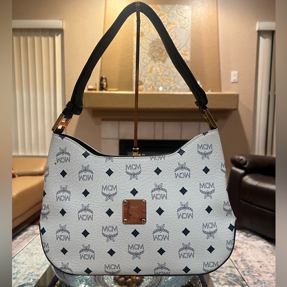 MCM Handbags - Authentic MCM Visetos White Navy 2way Shoulder Handbag